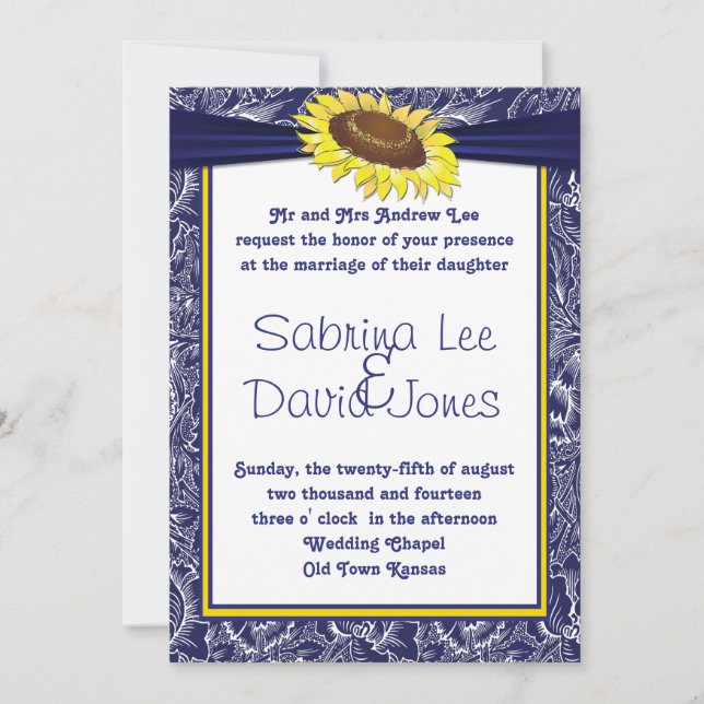 Royal Blue and Yellow Sunflower Wedding Invitation (Front)