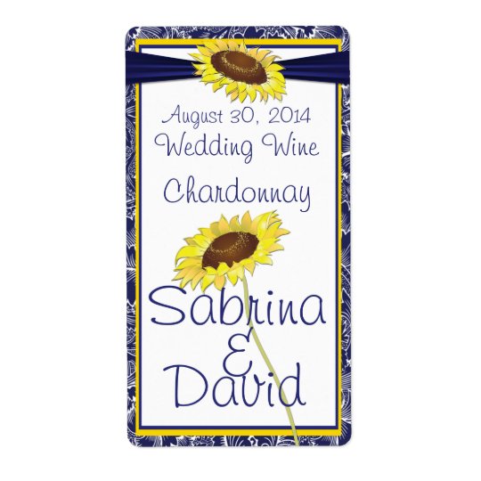 Royal Blue and Yellow Sunflower Wedding Wine Label Shipping Label