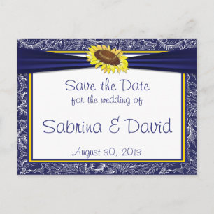 Royal Blue and Yellow Sunflowers Save the Date Announcement Postcard