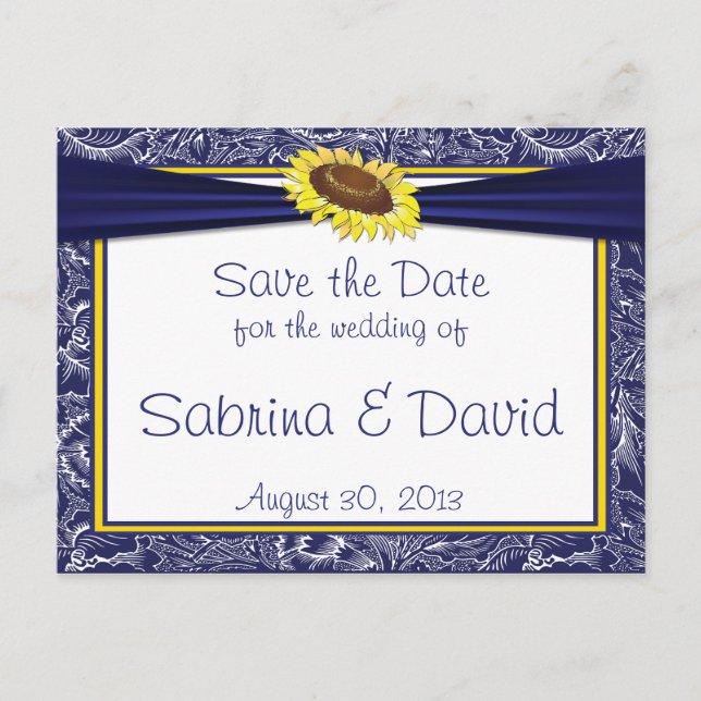 Royal Blue and Yellow Sunflowers Save the Date Announcement Postcard (Front)