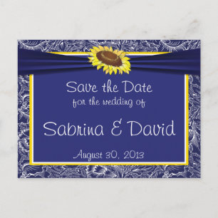 Royal Blue and Yellow Sunflowers Save the Date Announcement Postcard