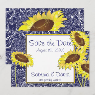 Royal Blue and Yellow Sunflowers Save the Date Invitation