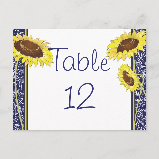 Royal Blue and Yellow Sunflowers Table Card (Front)