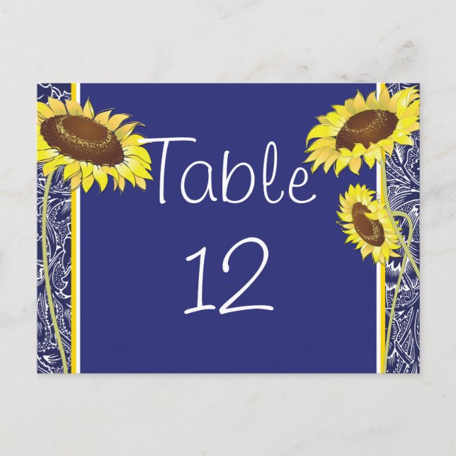 Royal Blue and Yellow Sunflowers Table Card (Front)