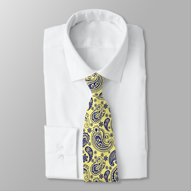 Royal Blue And Yellow Vintage Paisley Pattern Tie (Tied)