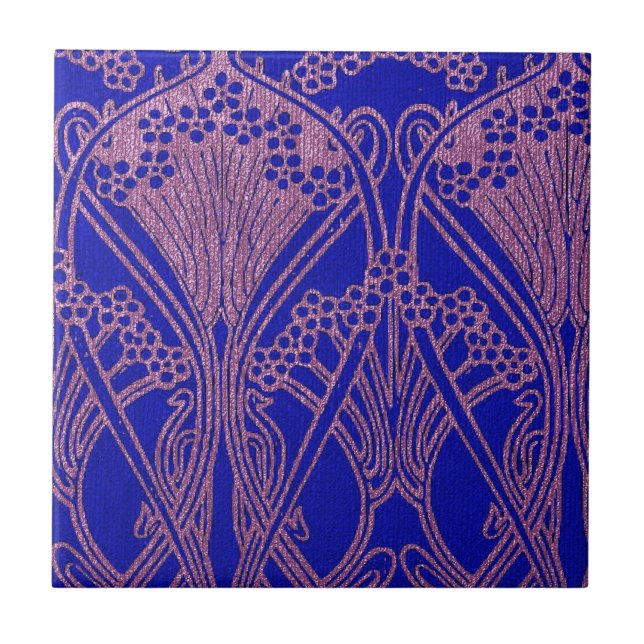 Royal blue,Art nouveau pattern,royal purple, flora Tile (Front)