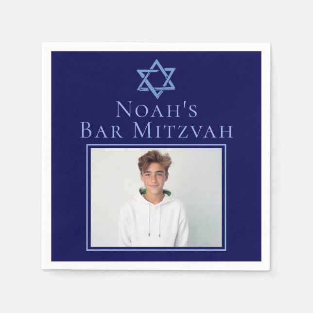 Royal Blue Bar Mitzvah Party Photo Star of David Napkin (Front)