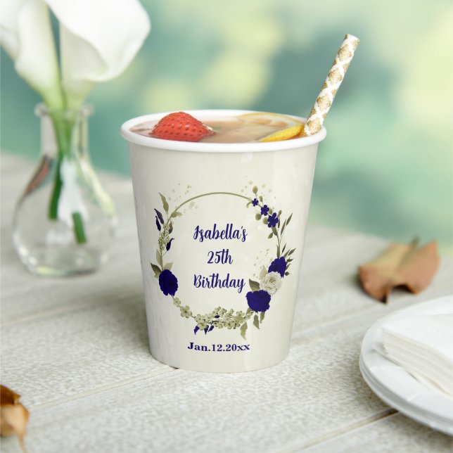 Royal blue beige floral  paper cups (Insitu)
