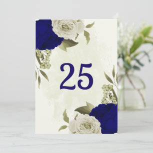 Royal blue beige floral table number card