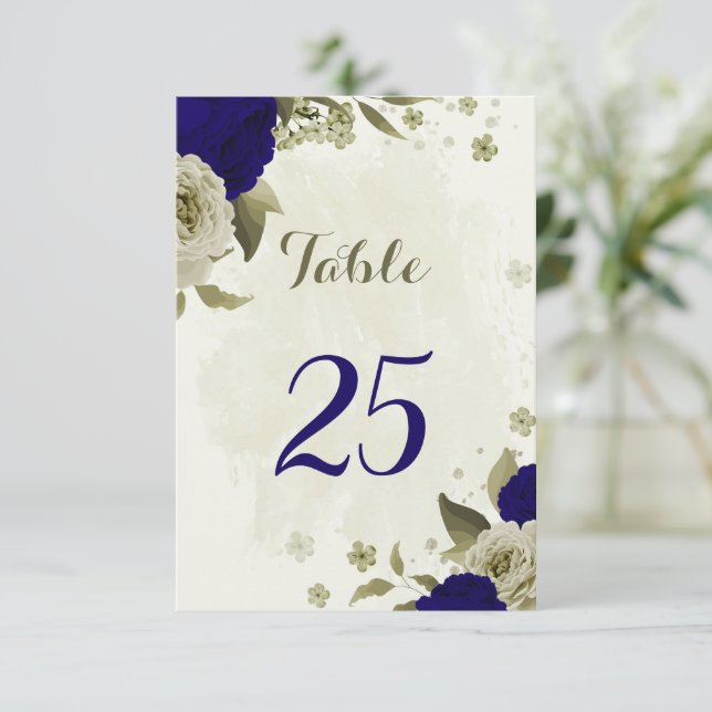 Royal blue beige floral table number card (Standing Front)