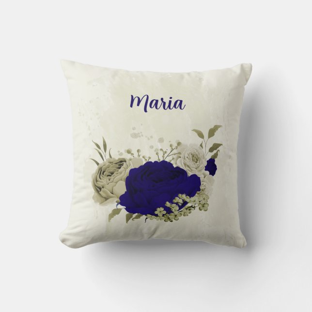 Royal blue beige floral throw pillow (Front)
