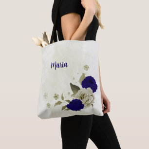 Royal blue beige floral tote bag