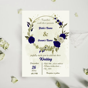 Royal blue beige flowers botanical wedding invitation