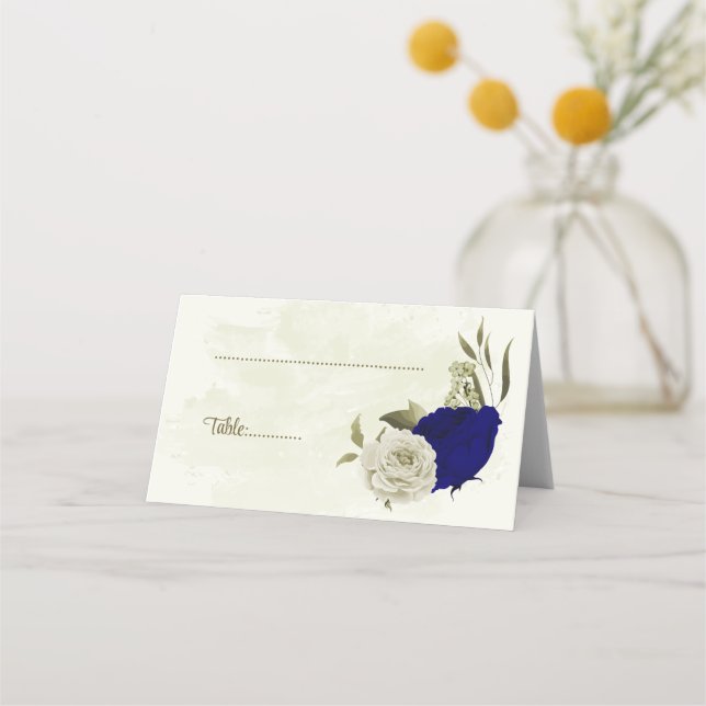 Royal blue beige flowers botanical wedding place card (Front)