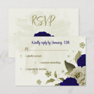 Royal blue beige flowers botanical wedding RSVP card