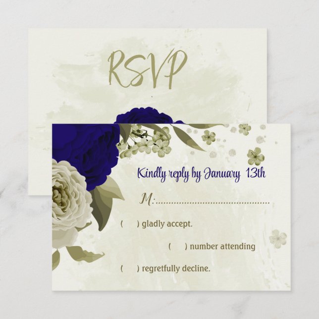 Royal blue beige flowers botanical wedding RSVP card (Front/Back)