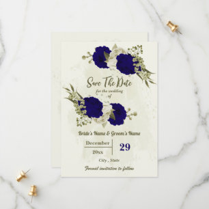 Royal blue beige flowers botanical wedding save the date