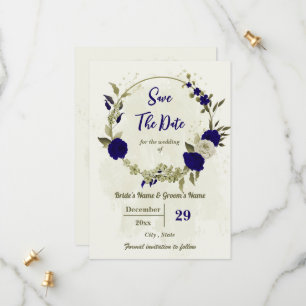 Royal blue beige flowers botanical wedding save the date