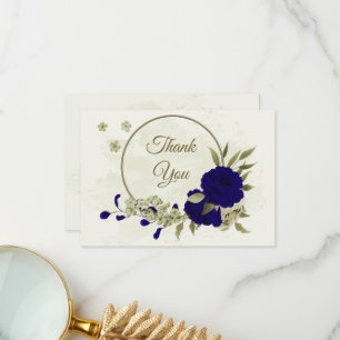 Royal blue beige flowers botanical wedding thank you card