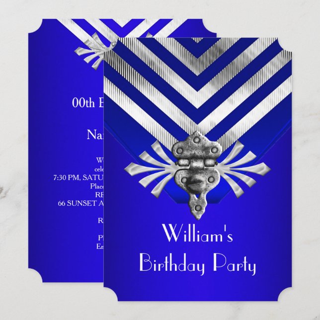 Royal Blue Birthday Party Silver Stripe Invitation (Front/Back)