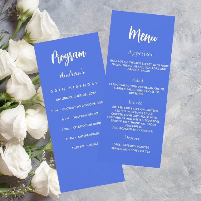 Royal blue birthday program dinner menu card (Creator Uploaded)