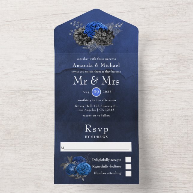 Royal Blue, Black and Silver Floral Wedding All In All In One Invitation (Inside)