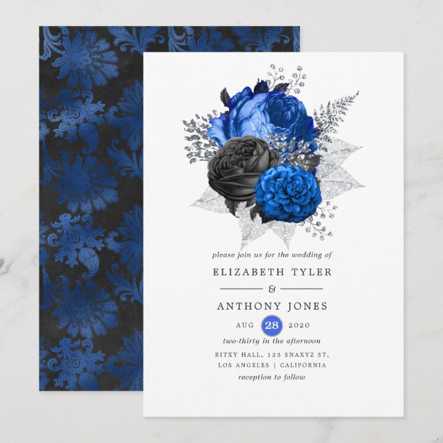Royal Blue, Black and Silver Floral Wedding Invitation (Front/Back)