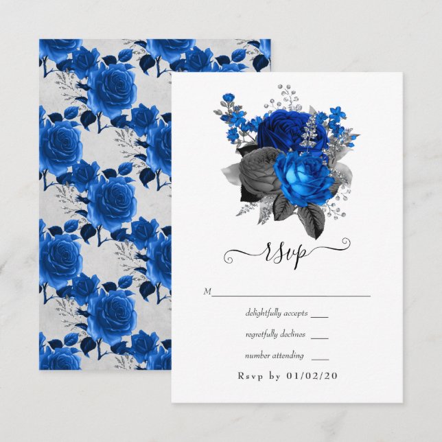 Royal Blue, Black and Silver Floral Wedding RSVP Card (Front/Back)