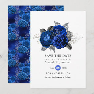 Royal Blue, Black and Silver Floral Wedding Save The Date