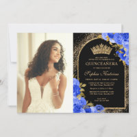 Royal Blue Black Gold Floral Photo Quinceanera