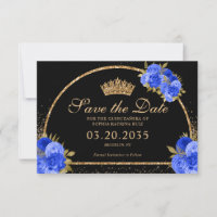 Royal Blue Black Gold Glitter Floral Quinceanera