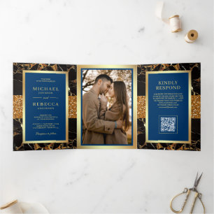 Royal Blue Black Marble Gold QR Code Wedding Tri-Fold Invitation