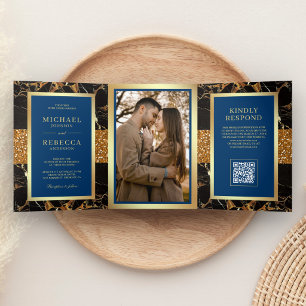 Royal Blue Black Marble Gold QR Code Wedding Tri-Fold Invitation