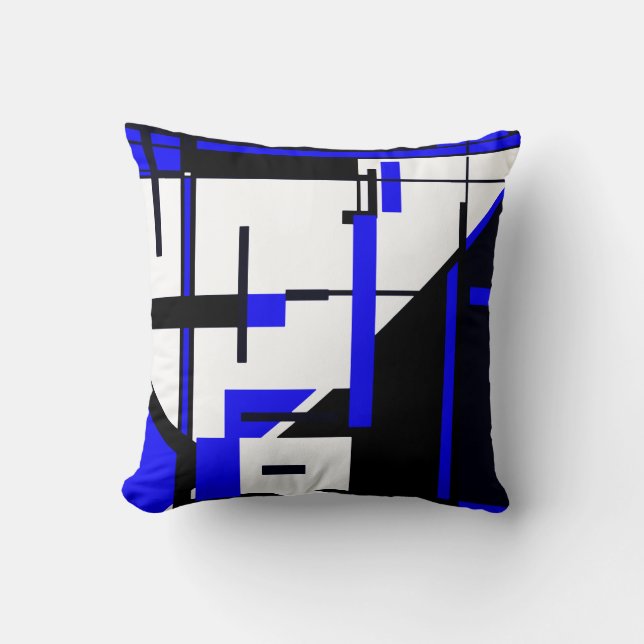 Royal Blue, Black on White Geometric Abstract Art Throw Pillow (Front)
