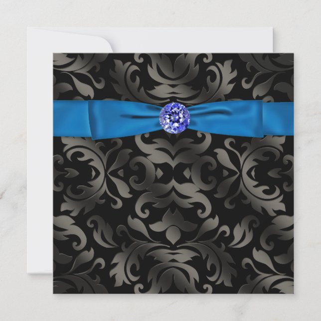 Royal Blue Black Tie Black Damask Party Invitation (Front)