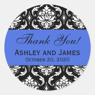 Royal Blue Black Wedding Damask Thank You Classic Round Sticker