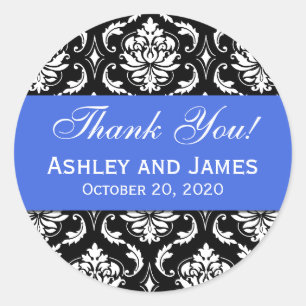 Royal Blue Black Wedding Damask Thank You Label
