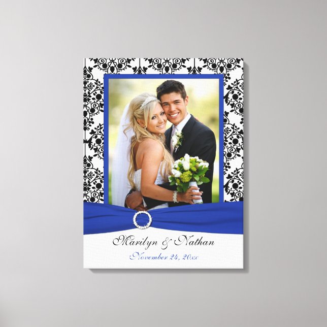 Royal Blue, Black, White Damask Wedding Canvas (Front)