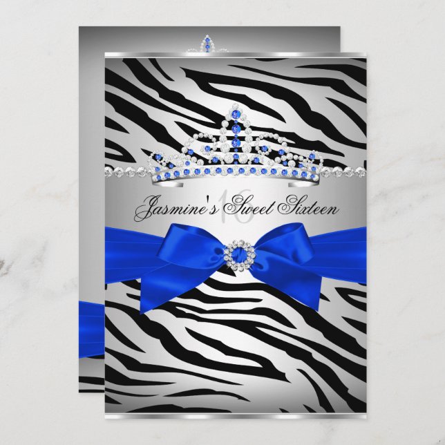 Royal Blue & Black Zebra Sweet 16 Birthday Party Invitation (Front/Back)