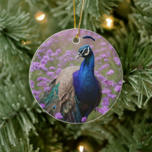 Royal Blue: Blue Peacock In Lavender Field, Ceramic Ornament