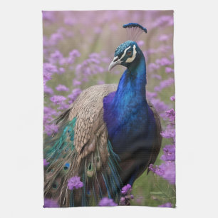 Royal Blue: Blue Peacock In Lavender Field, Kitchen Towel