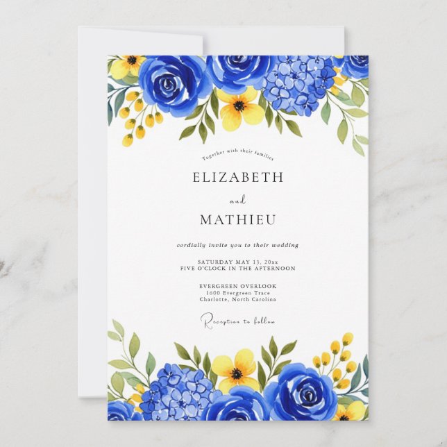 Royal Blue Botanical Bloom Wedding Invitation (Front)
