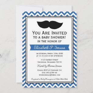 Royal Blue Boy Moustache Chevron Baby Shower Invitation