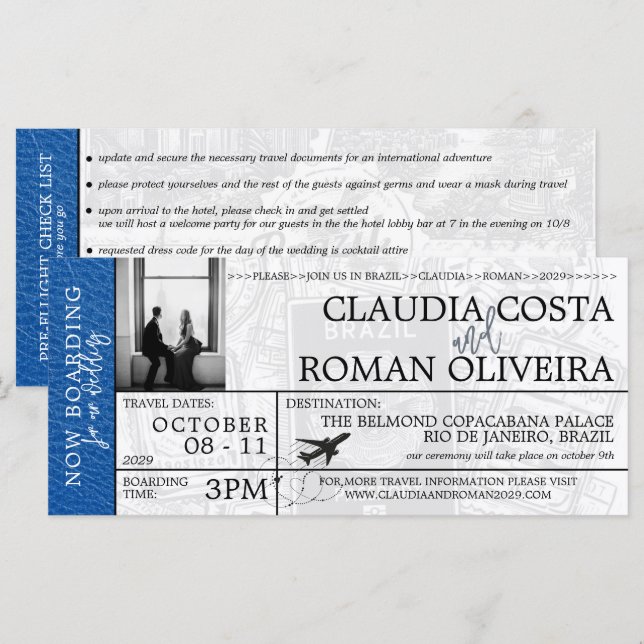 Royal Blue Brazil Wedding Boarding Pass Invitation (Front/Back)
