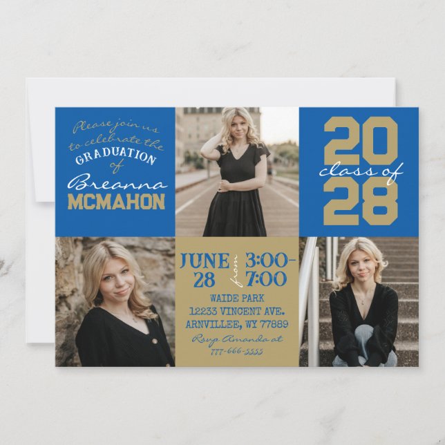 Royal Blue & Bronze3 Photo Graduation Invitation (Devant)