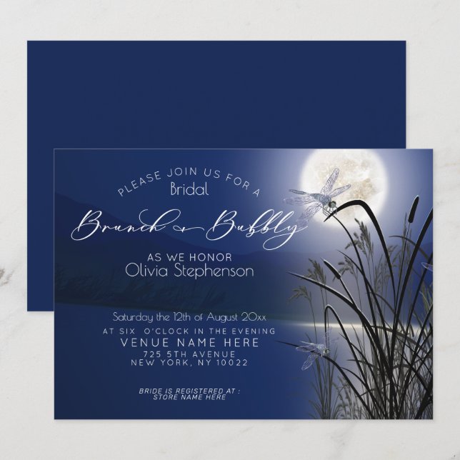 Royal Blue Brunch Bubbly Full Moon Dragonfly Invitation (Front/Back)