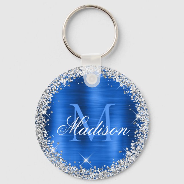 Royal Blue Brushed Metal Silver Glitter Monogram  Keychain (Front)