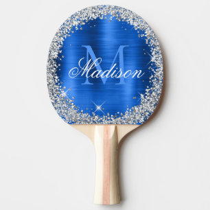 Royal Blue Brushed Metal Silver Glitter Monogram Ping Pong Paddle