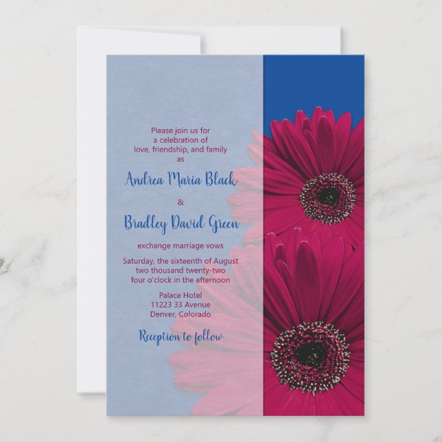 Royal Blue Burgundy Gerbera Daisy Wedding Invitation (Front)