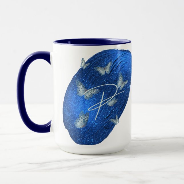 Royal Blue Butterflies Initials Letter P Monogram Mug (Left)
